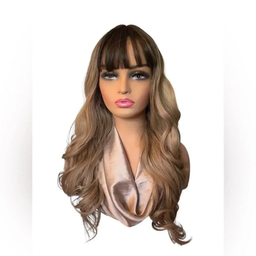 26 Inch Chocolate Brown to blonde Balayage Wavy Wig with bangs for daily…